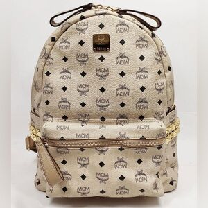 MCM Cream and Black Logo Backpack